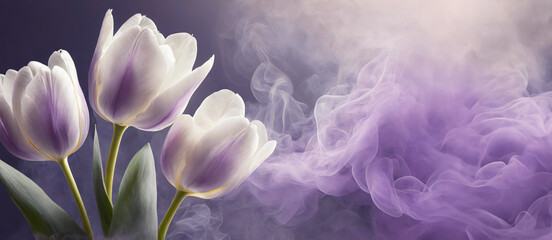 Tulipany pastelowe fioletowe kwiaty w dymie,  abstrakcyjne tło kwiatowe