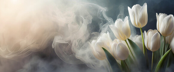 Tulipany pastelowe białe kwiaty w dymie,  abstrakcyjne tło kwiatowe - obrazy, fototapety, plakaty