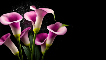 Piękne fioletowe kwiaty kalla na czarnym tle