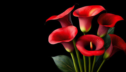 Czerwone kwiaty kalla na czarnym tle - obrazy, fototapety, plakaty