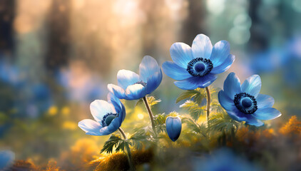 Anemony, niebieskie kwiaty. Tapeta kwiaty - obrazy, fototapety, plakaty
