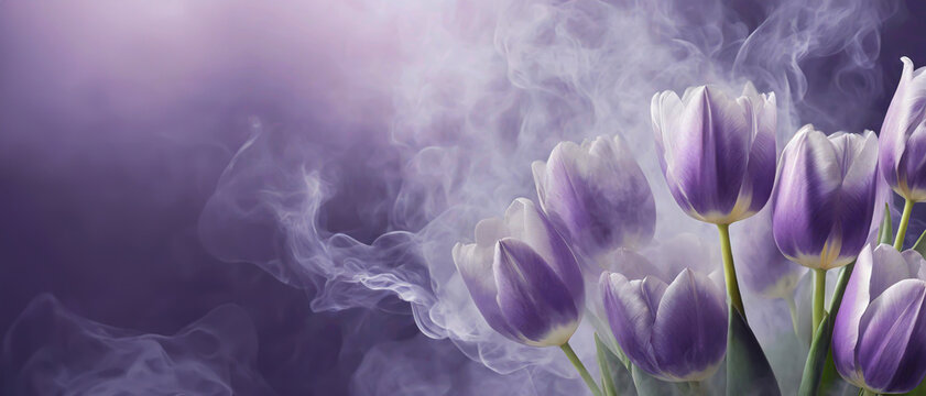 Tulipanes morados abstractos en humo, espacio en blanco