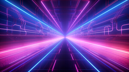 Endless flight in a futuristic metal corridor with neon light background