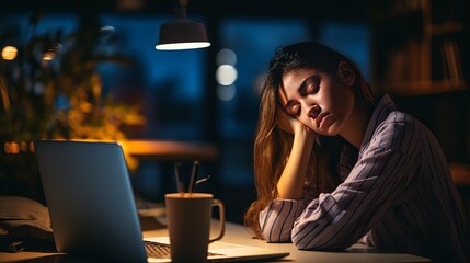 Tired businesswoman sleeping on table in office. Young overworked exhausted girl working from home. Woman using laptop. Entrepreneur, business, freelance work, student, stress, work from home concept - obrazy, fototapety, plakaty