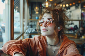 A teenage hipster girl unwinds at a coffee shop with an espresso, listening to music on her playlist through earphones