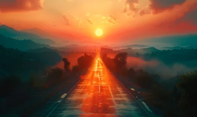 Fototapeten beautiful sun rising sky with asphalt highways road in rural scene use land transport and traveling background,backdrop. © Tjeerd