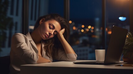 Tired businesswoman sleeping on table in office. Young overworked exhausted girl working from home. Woman using laptop. Entrepreneur, business, freelance work, student, stress, work from home concept - obrazy, fototapety, plakaty