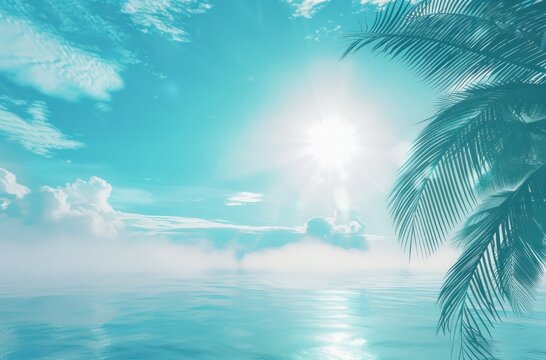 a beautiful sun in the sky on a tropical beach background