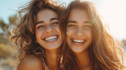 Fototapeta premium Two identical twin young women laughing. Happy and joyful portrait.