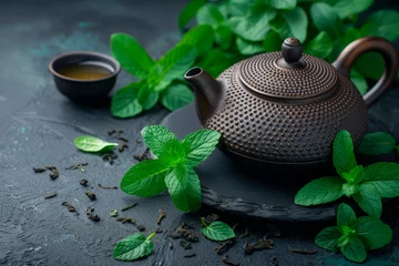 Foto op Aluminium Black iron asian teapot with sprigs of mint for tea. © Tjeerd