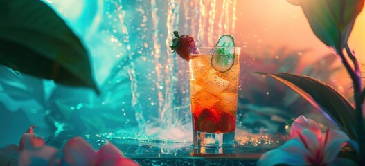 a cocktail with a strawberry garnish and a cucumber slice