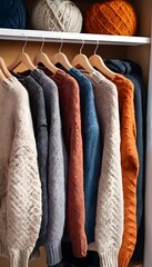 Cozy comfort fashion wardrobe. Many autumn colors warm knitwear sweater, knitted clothes hanging on hangers in the closet.