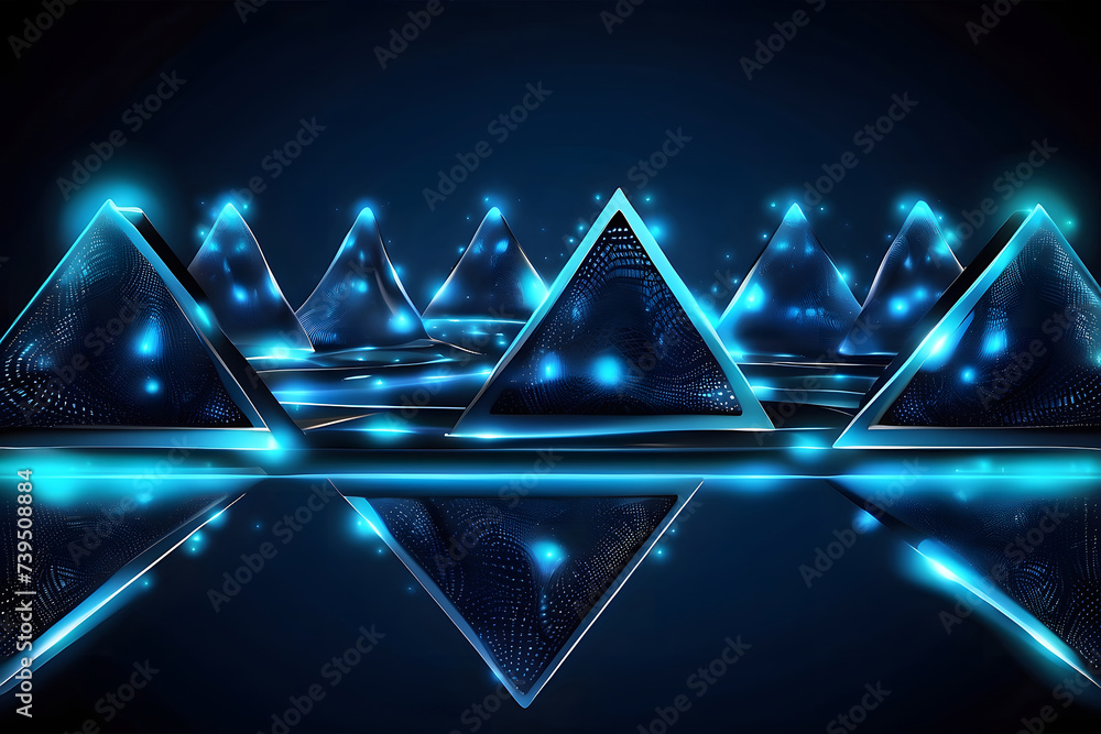 Poster abstract background of futuristic perforated technology with light triangles of blue neon. banner de