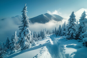 Splendid Alpine scenery in winter. Fantastic frosty morning in forest. snow-cowered pine trees under sunlight. Fantastic mountain highland. Amazing winter background.