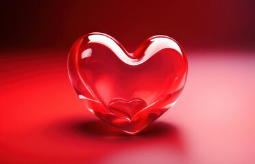 One glass heart on a red background. Mockup for presentation, card, banner, poster.
