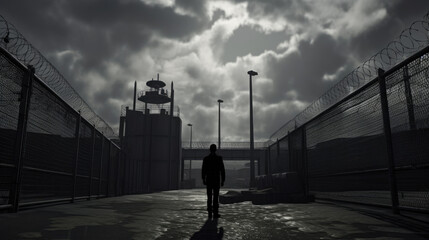 Checkpoint. A guard is watching at the prison gates