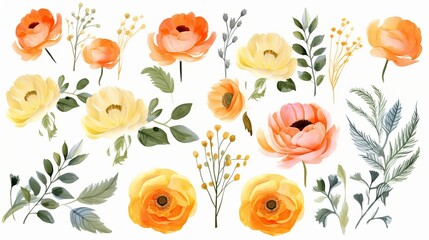 Vector watercolor ranunculus and leaves set - obrazy, fototapety, plakaty