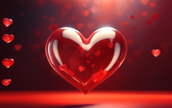 One glass heart on a red background. Mockup for presentation, card, banner, poster.
