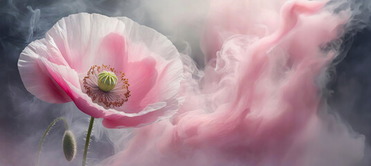 Pastelowy piękny różowy kwiat, abstrakcyjny mak i dym. Abstrakcyjne tło kwiatowe - obrazy, fototapety, plakaty