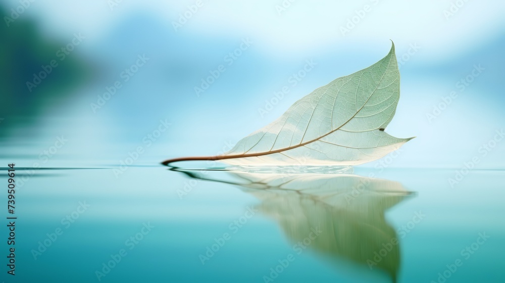 Poster white transparent leaf on mirror surface with reflection on turquoise background macro. artistic ima