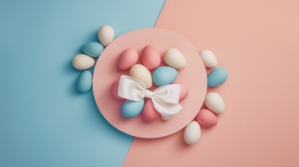 Fundo fotográfico de páscoa rosa e azul com ovos coloridos e cores pastéis - obrazy, fototapety, plakaty
