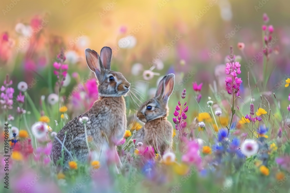 Poster rabbits in twilight bloom - rabbits amidst blooms under the gentle glow of twilight, creating a magi