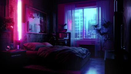 A bed invites relaxation amidst a room adorned with gadgets and a glowing urban landscape.A modern living space with a stunning contrast of colors and lights, Seamless loop animation render