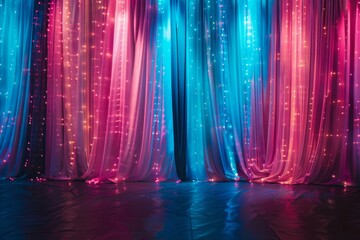 Illuminated Theater Drapes in Blue and Pink - Theatrical curtains bathed in blue and pink light, setting a mood for drama and performance. - obrazy, fototapety, plakaty