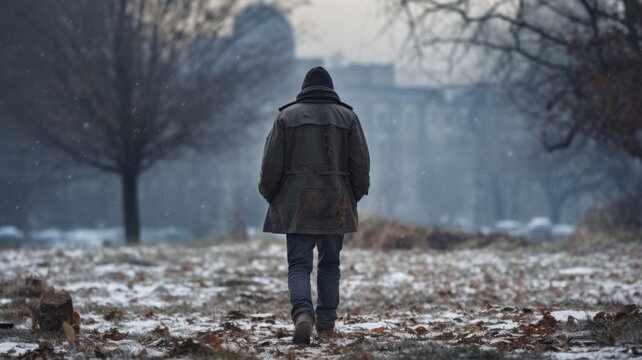 Alone man walks away on a snow-dusted path in an urban park, suggesting solitude amidst a cold, wintery scene.