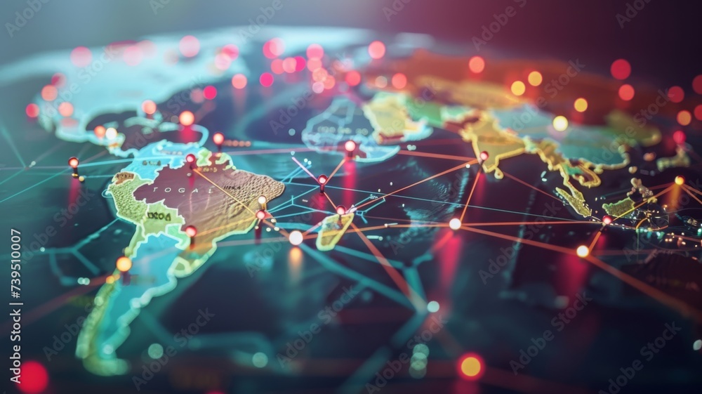 Poster global network connectivity concept - an illuminated digital globe highlighting global connections a