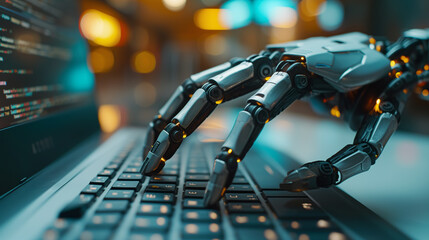 Robot hands typing on a computer keyboard. Concept for AI doing work of people, taking computer jobs away. - obrazy, fototapety, plakaty