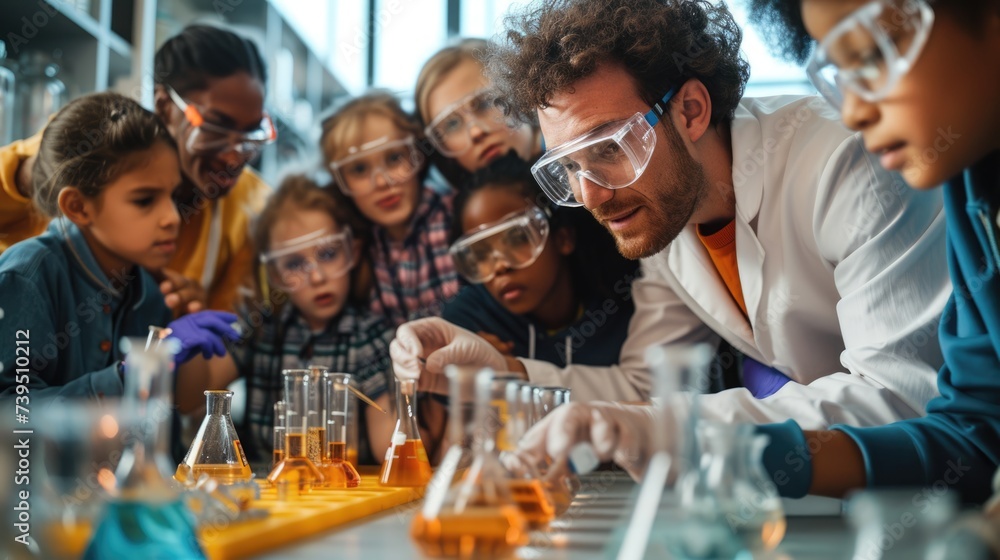 Poster a fun event is taking place in a lab where a group of children are conducting a science experiment, 