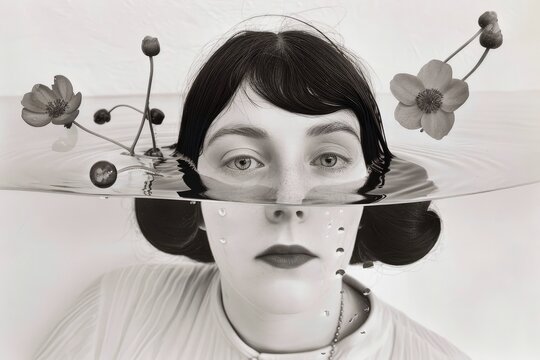 A black and white surreal portrait f a womans face partially submerged in water