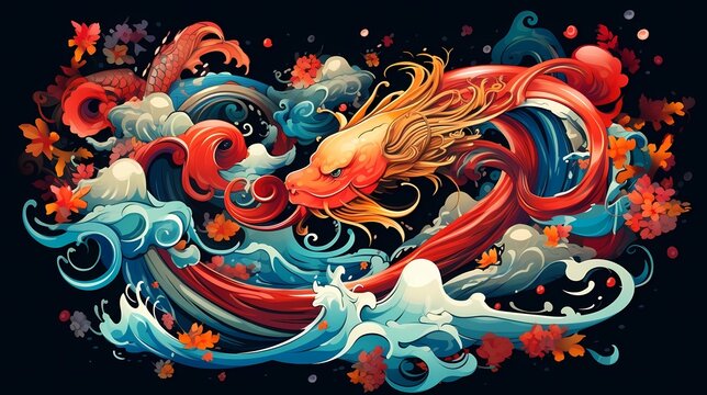 Vector illustration of a dragon in the form of a sea wave, Generative AI illustrations.