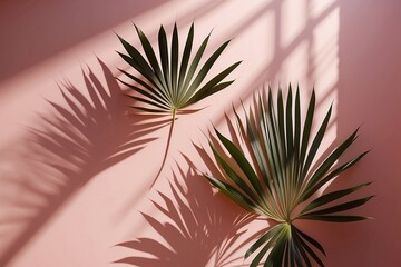 Blurred shadow from palm leaf on the pink wall. Minimal abstract background for product presentation. Spring and summer.