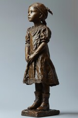 Bronze statue of a little girl in a dress and boots with folded hands.