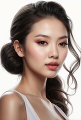 Fototapeta premium portrait profile view headshot of beautiful asian woman stylish makeup studio lighting setup healthy skincare and cosmetic beauty concept