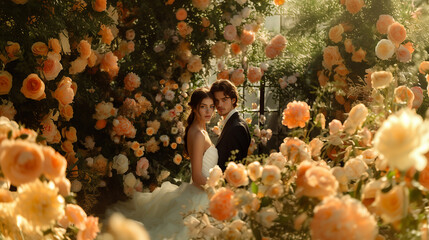 Beautiful Model Couple Romantic Wedding, Amidst a Floral Garden, gazing at a camera, full shot