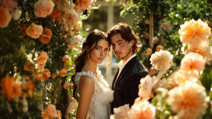 Beautiful Model Romantic Wedding, Amidst a Floral Garden, Love’s Vows Shine Under the Warm Glow of Forever