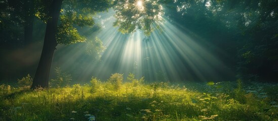Luxury rays of sunlight in a green forest - obrazy, fototapety, plakaty