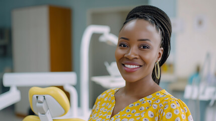 Portrait of a smilling handsome confident african female doctor in a dental clinic office, space for text. Generative AI