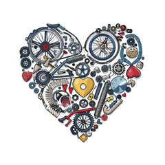 Bicycle parts combined in a heart shape isolated