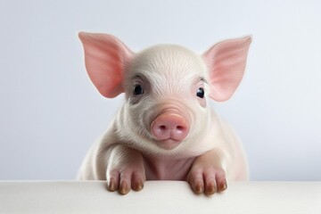 Cute piglet looking over a white board isolated