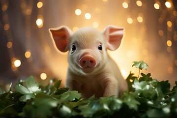 Cute small piglet in front of a illuminated background