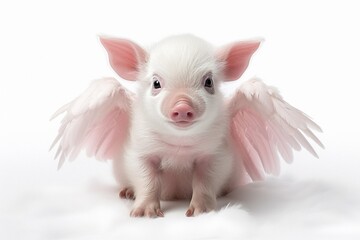 cute fantasy piglet with angel wings isolated on white