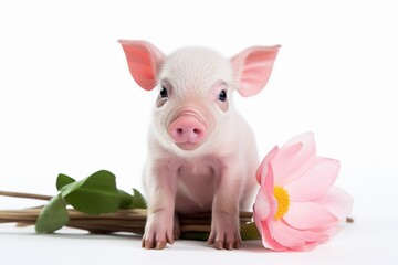 Cute piglet with a pink flower on white background
