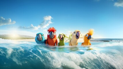 Funny colorful parrots bathing in blue water
