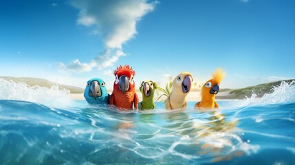 Funny colorful parrots bathing in blue water