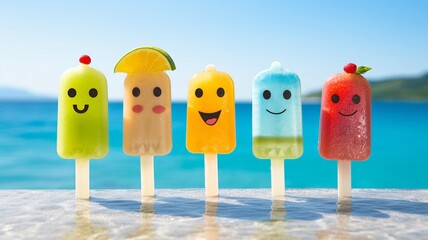 five different sticks of icecream standing in front of the sea