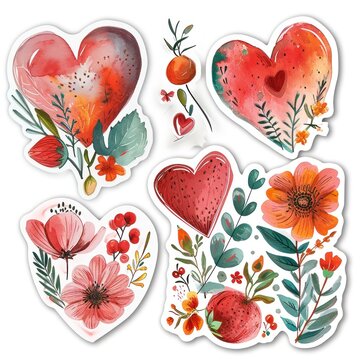 A set of four stickers featuring watercolor hearts and flowers in shades of red, pink, and orange.